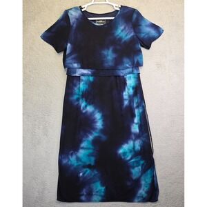 Vtg Molly Mallory Dress Womens 12 Blue Green Tie Dye Short Sleeve Maxi Flounce